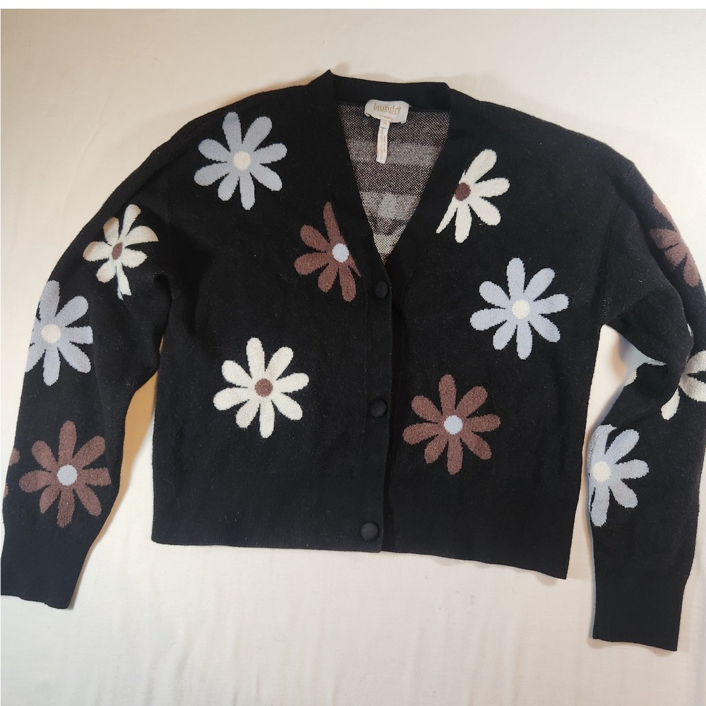 Laundry by Shelli Segal Black Daisy Floral Cardigan Sweater Medium